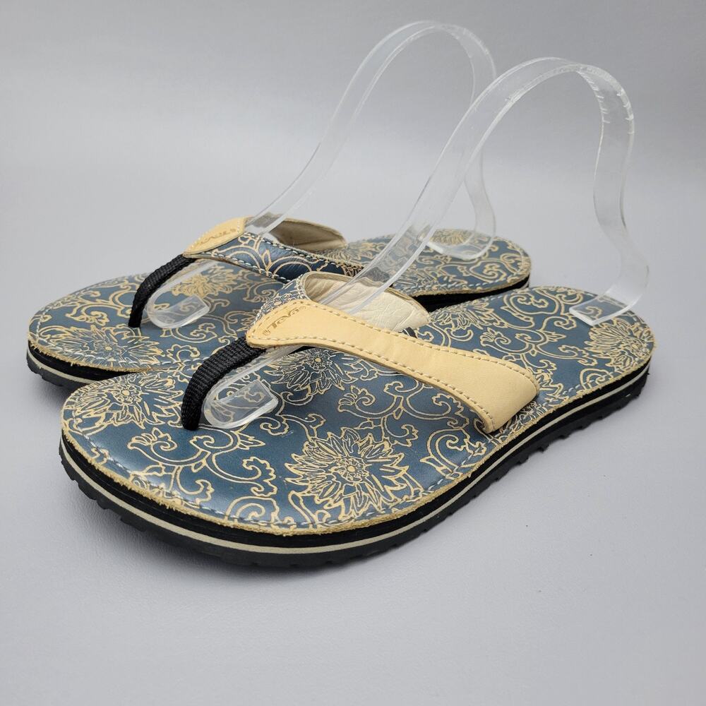 Teva Women's Habit River Green Floral Tan Leather Thong Comfort Sandals Size 10